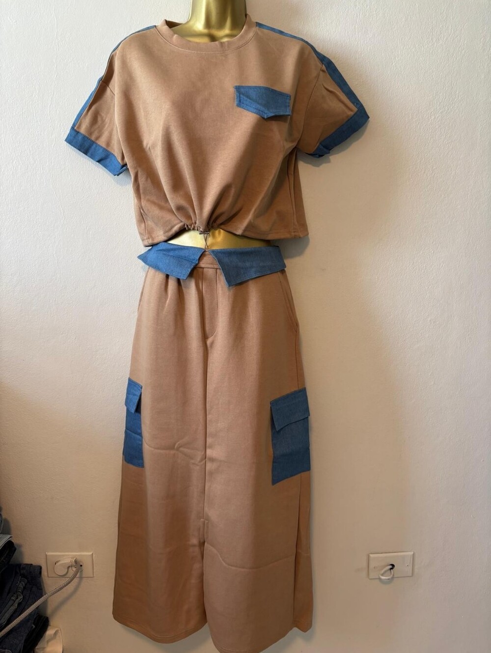 Neutral Brown Skirt with Blue Trim - Casual Wide-Leg Utility Skirt